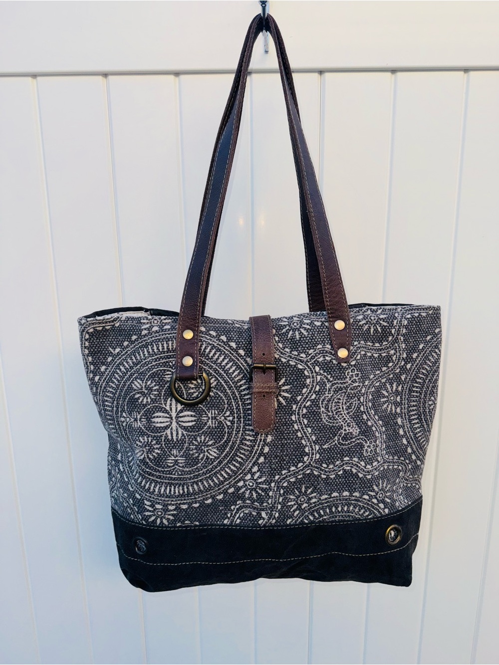 Myra Bag Ancient Blue Upcycled Canvas & Leather Large Tote Bag S1388 Super Clean